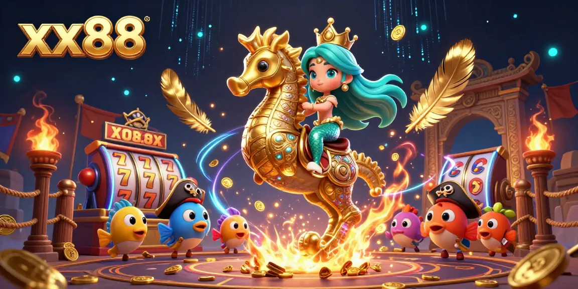 Experience the vibrant adventure with xx88 casino as a mermaid princess rides a seahorse amidst gold coins and slot reels.