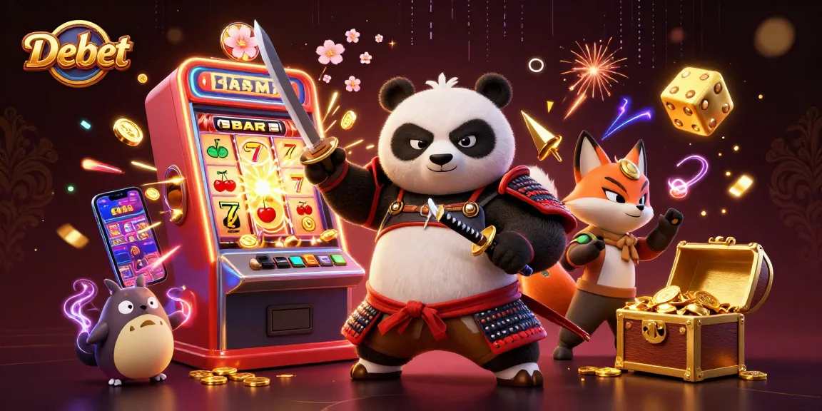 Debet showcases a dynamic samurai panda and ninja fox in a vibrant 3D casino scene.
