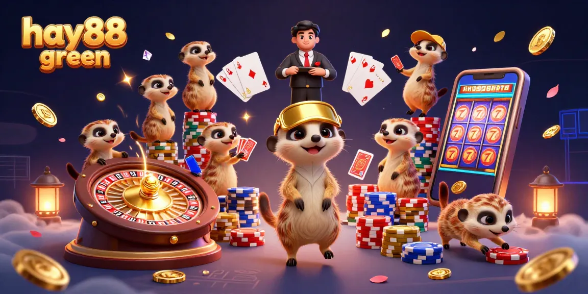 Experience the excitement of hay88 green with cheerful meerkats running a casino, showcasing vibrant gaming elements.
