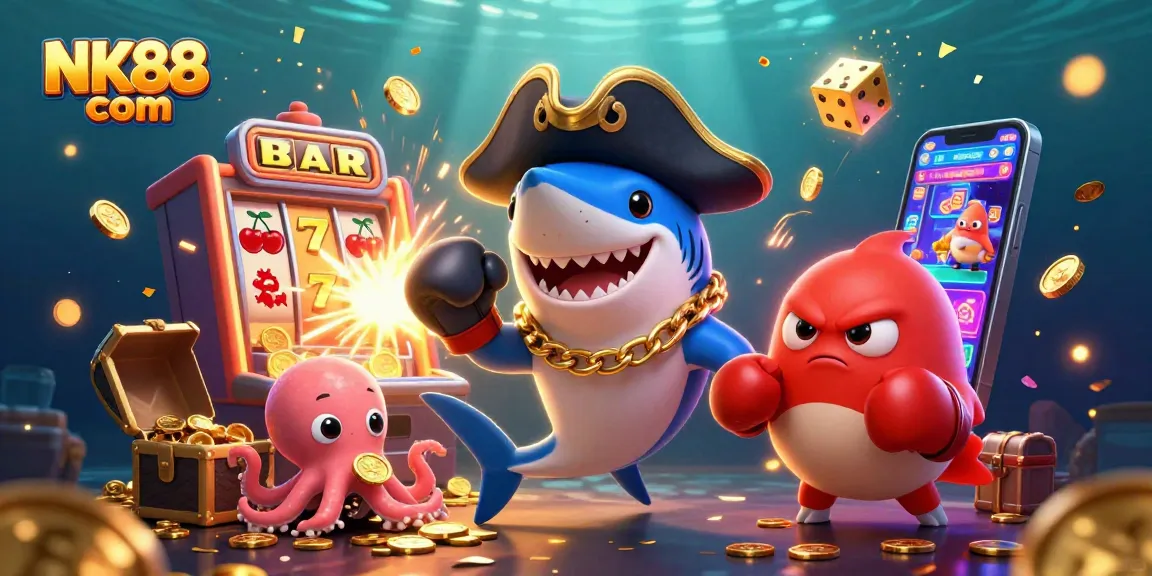 Experience thrilling gaming at NK88 com with a dynamic scene of gambling excitement featuring a pirate shark and friends.
