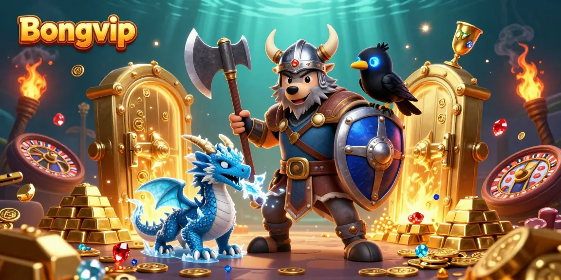 Bongvip features an epic casino adventure with a Viking wolf warrior and treasures in a colorful scene.