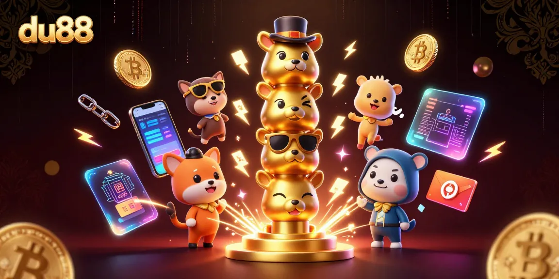 Engage with du88's vibrant gaming scene featuring animated totem pole, crypto coins, and dynamic casino elements.