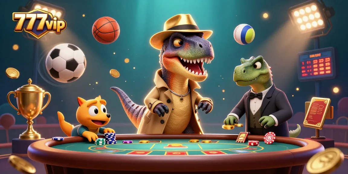 Experience thrilling action at 777vip with a card counter velociraptor at a blackjack table amidst dynamic sports elements.