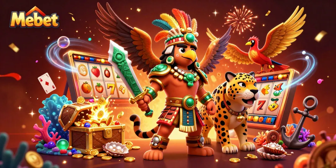 Mebet showcases an exciting slots experience with vibrant casino action featuring colorful characters and elements.
