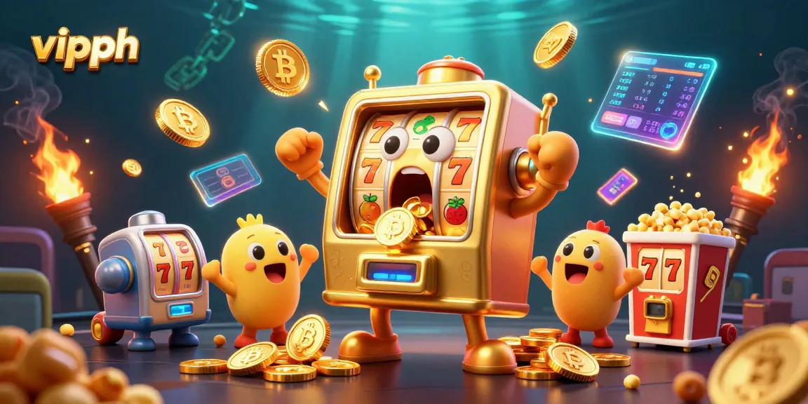 Experience the excitement of vipph with a golden slot machine celebrating its jackpot, surrounded by lively casino elements.