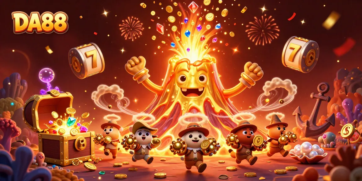 Spin and win with DA88 at the vibrant golden volcano casino scene showcasing joyful creatures collecting treasure.