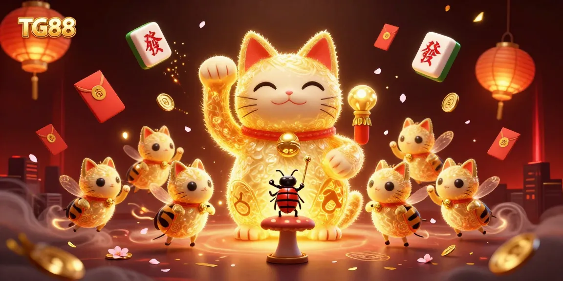 Experience excitement with TG88 as golden fireflies form a lucky cat amidst vibrant casino symbols.