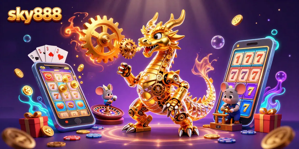 Engage with the exciting world of sky888 featuring a golden dragon and casino elements.