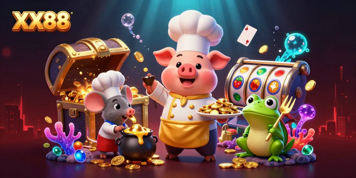 Play and win with XX88's vibrant casino illustration showcasing epic gold coins, games, and animated characters.