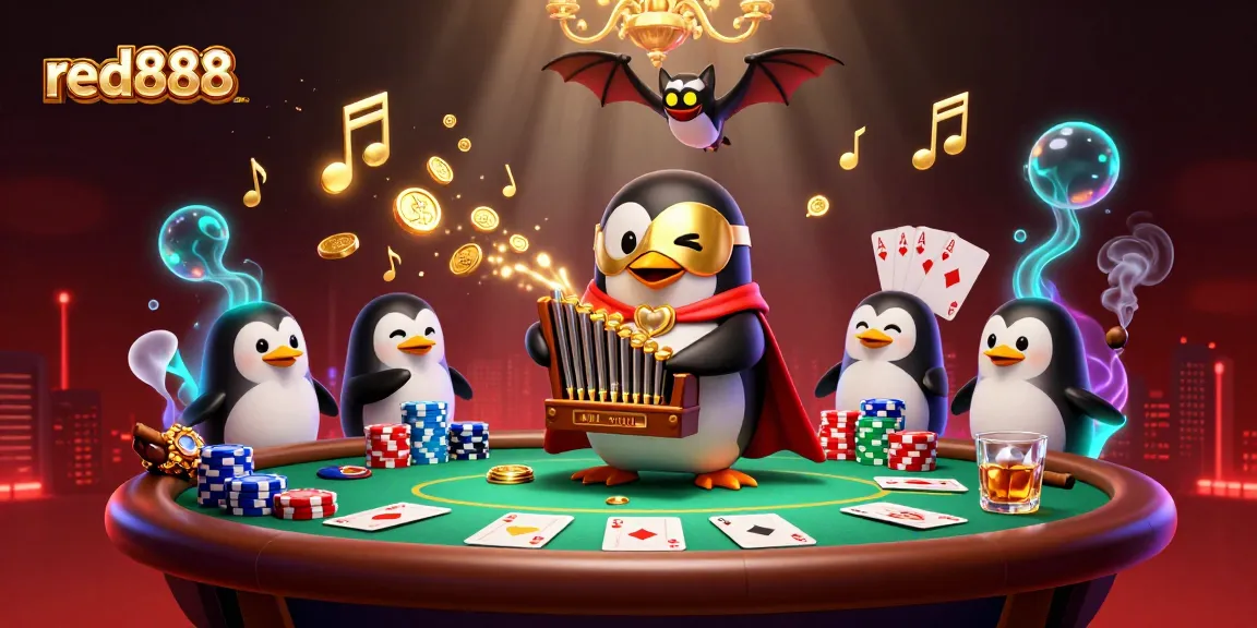 Play poker with red888 at a lively casino featuring golden coins, vibrant characters, and a dynamic atmosphere.