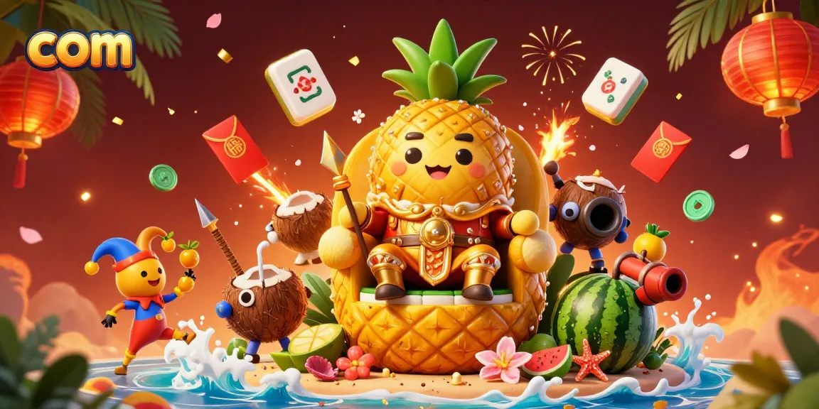 Engage with com casino fun featuring a golden pineapple king and dynamic beach scene.