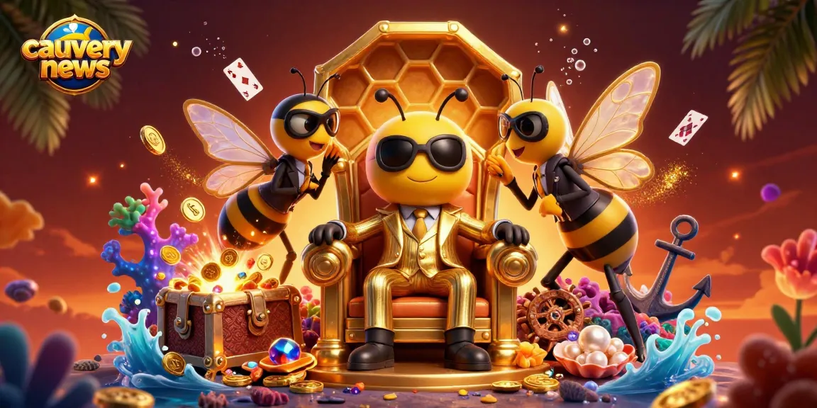 Cauverynews showcases a vibrant 3D casino scene with a bumblebee mob boss and treasure elements, captivating gamblers.