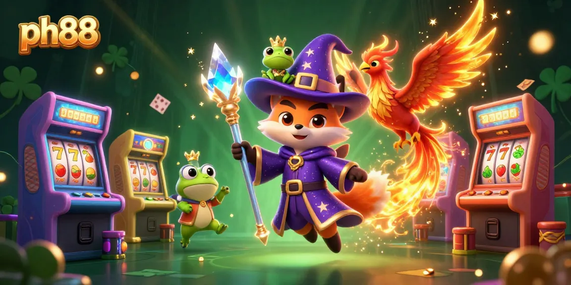 Experience the vibrant ph88 casino with a wizard fox and phoenix in a magical gambling realm.