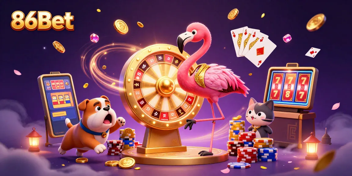 Engage with 86Bet as the flamingo host spins a dazzling prize wheel surrounded by excitement.