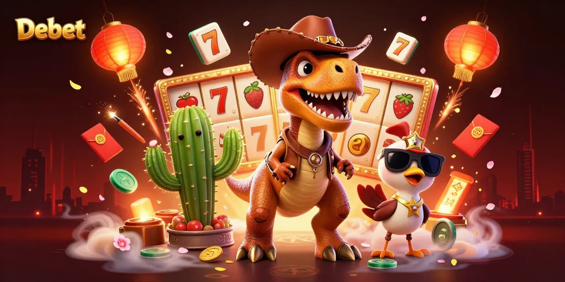 Experience Debet's thrilling slot gameplay surrounded by vibrant characters and casino elements.