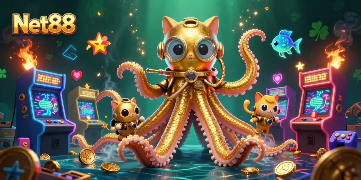 Engage in thrilling gaming adventures with Net88, featuring a dynamic kraken and vibrant arcade elements.