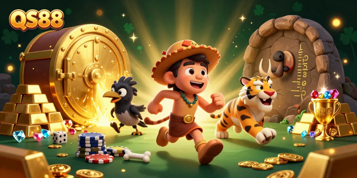 Experience excitement at QS88 with an engaging casino scene featuring a caveman and sabertooth tiger.