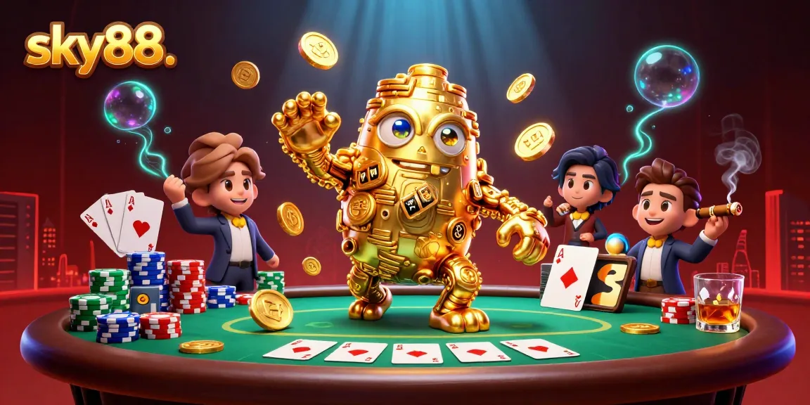 Engage with the ultimate sky88. casino experience featuring a golden golem and poker elements.