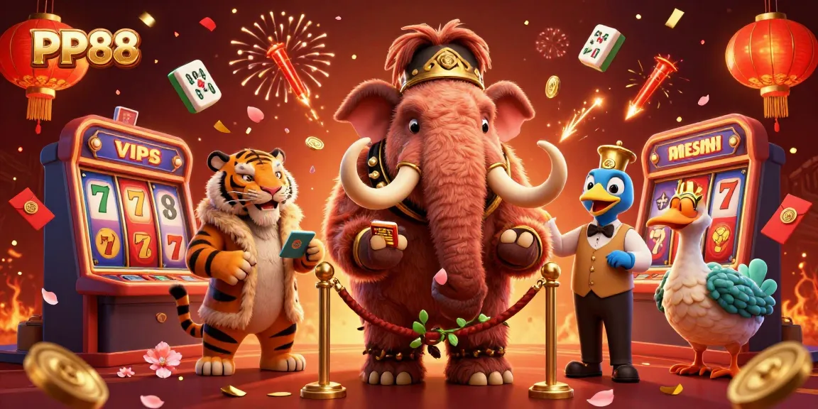 Experience the thrilling atmosphere of PP88 with a vibrant, animated casino scene featuring playful characters and dynamic game elements.
