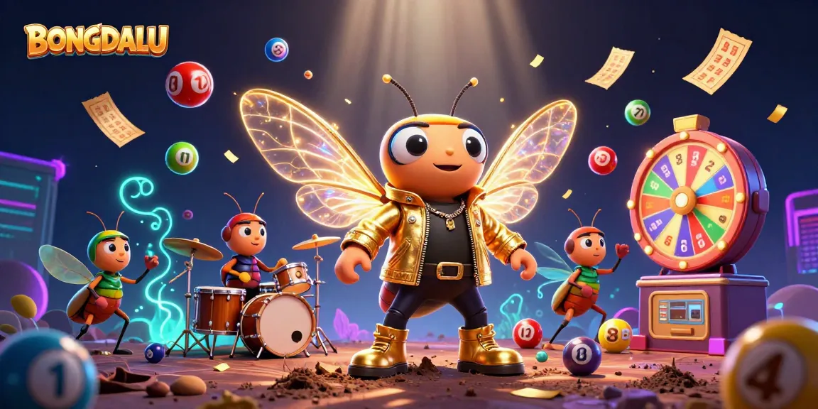 BONGDALU features a vibrant scene with a cicada rock star and dynamic gaming elements, highlighting exciting lottery activities.