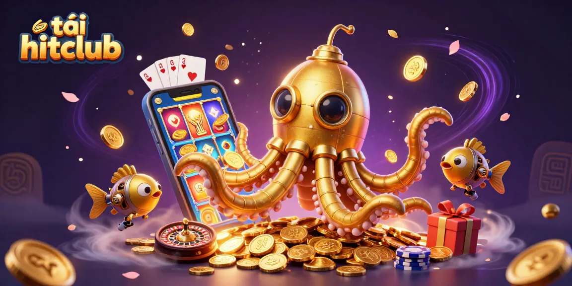 Enjoy the excitement of tải hitclub with a vibrant illustration featuring a kraken submarine surrounded by casino elements.