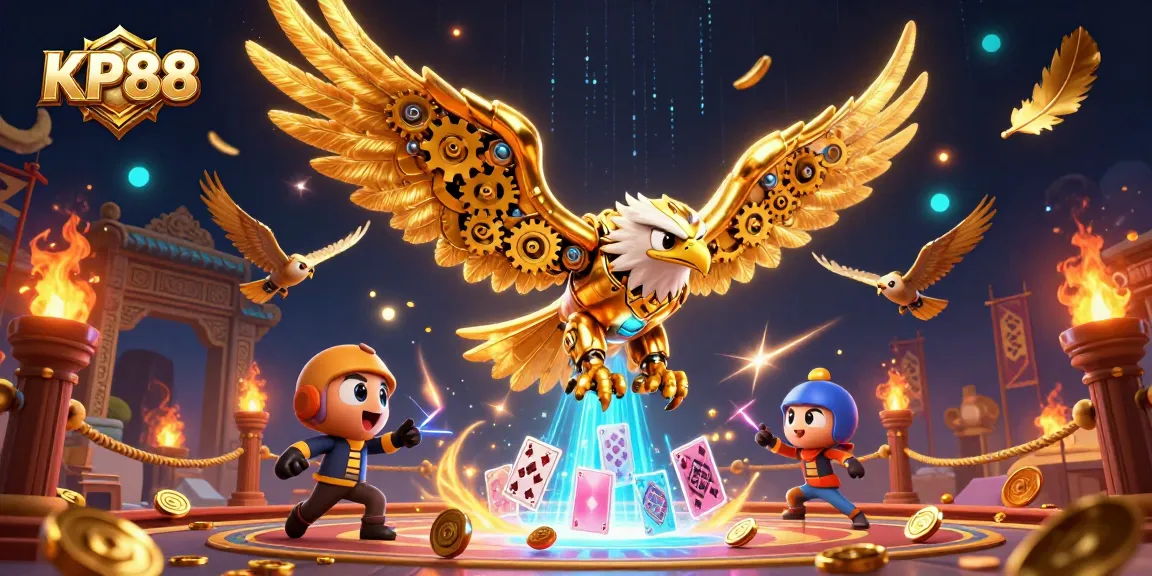 Experience thrilling moments at KP88 with a dynamic cybernetic eagle amidst holographic cards and golden bets.