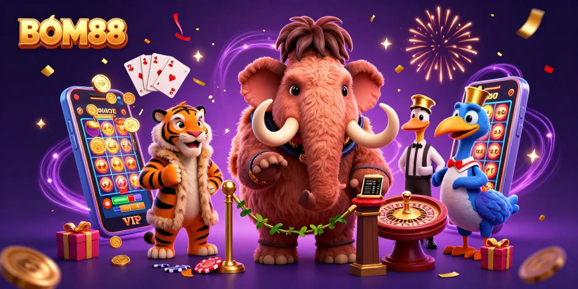 Experience the excitement of BOM88 with a vibrant casino scene featuring unique characters and games.