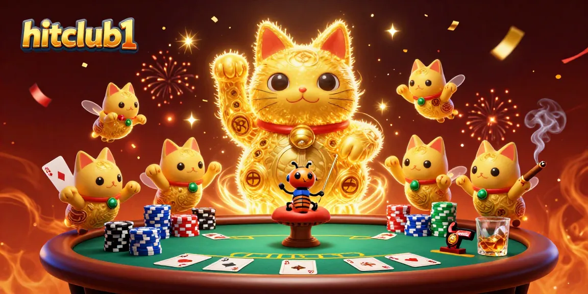 Experience hitclub1 with the lucky cat waving among dynamic casino symbols and poker elements.