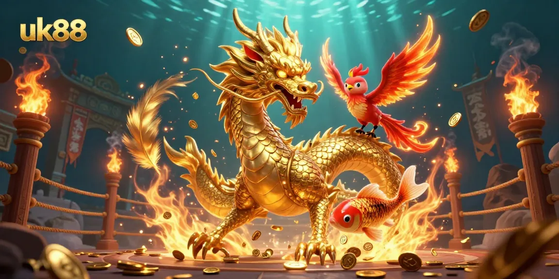 Engage with the excitement of uk88 as a golden dragon and phoenix soar through a thrilling gambling scene.
