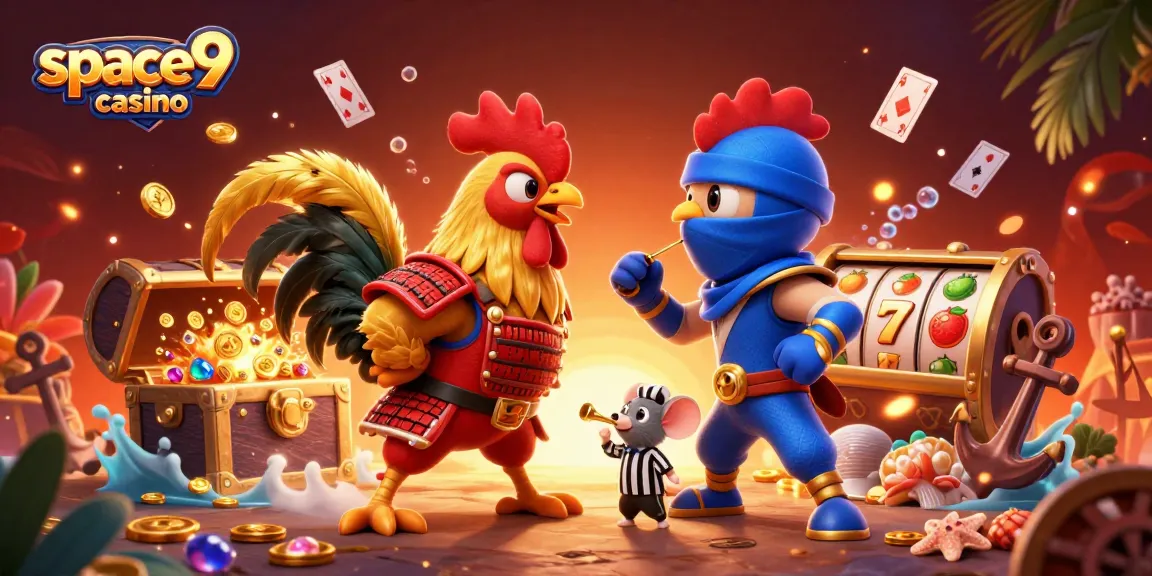 Roosters in standoff at space9 casino with slot reels and treasure, emphasizing dynamic gaming excitement.