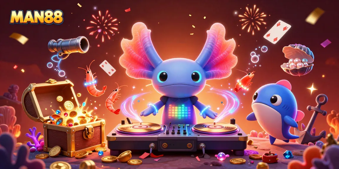 Enjoy immersive gaming with MAN88's vibrant underwater casino scene featuring an axolotl DJ and lively shrimp dancers.