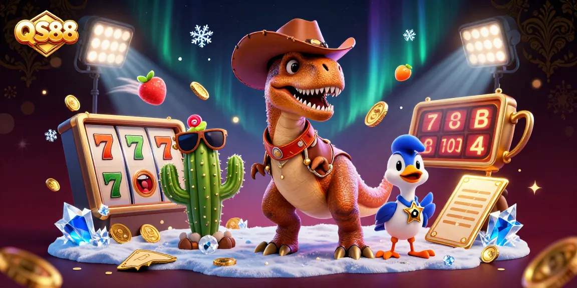 Spin with excitement at QS88, featuring a dynamic casino scene with vibrant characters and slot elements.