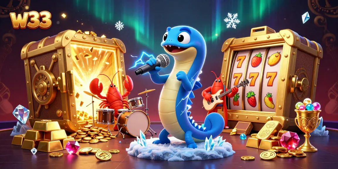 w33 players spin reels while enjoying an electrifying DJ performance in a vibrant underwater casino.