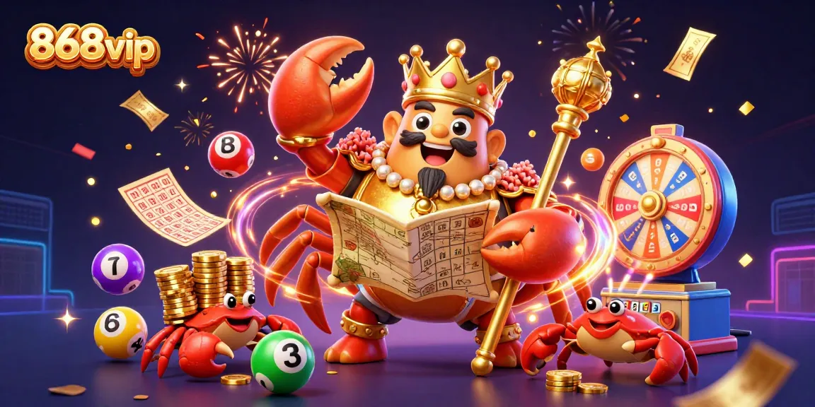 Engage with 868vip's thrilling casino experience showcasing a majestic crab emperor with golden chips, vibrant lottery elements, and rich visuals.