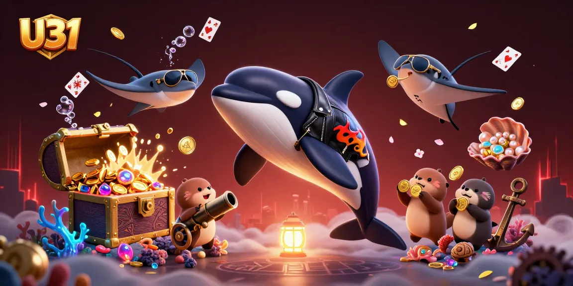 U31 highlights gaming fun with a jubilant orca and friends amidst casino-themed underwater treasures.