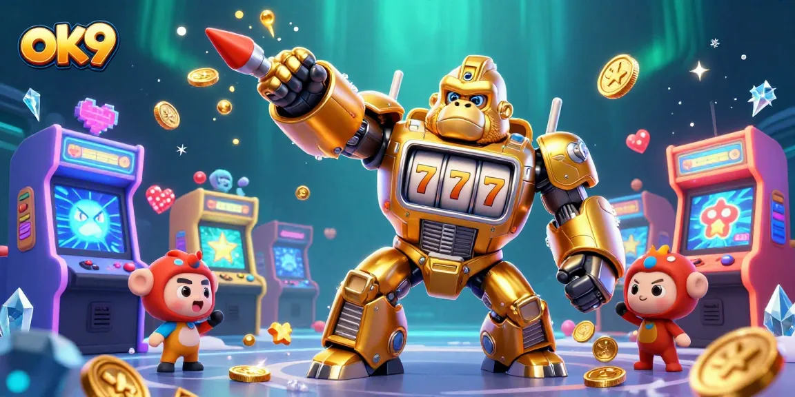 Spin to win with ok9's vibrant casino-themed illustration featuring a golden gorilla mech!