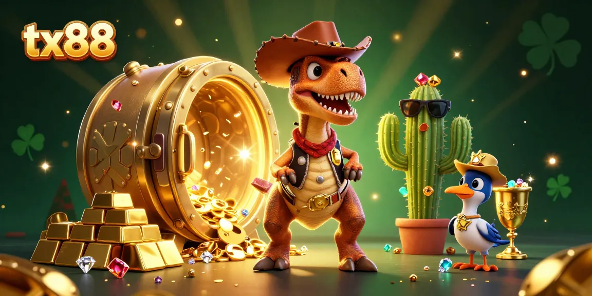 Bet on TX88 with a vibrant 3D casino scene featuring a cowboy dinosaur, cactus, and roadrunner.
