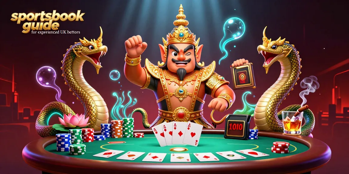 Engage with the sportsbook guide for experienced UK bettors featuring an energetic illustration of a Thai guardian and poker scene.