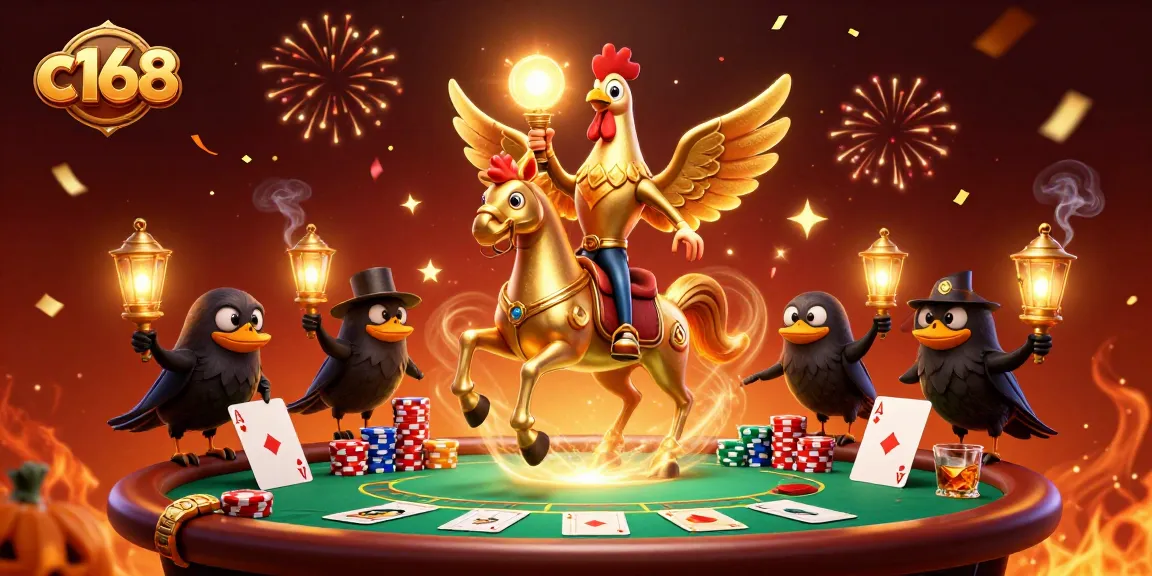 Experience the vibrant gaming atmosphere of c168 with golden rooster and casino elements.