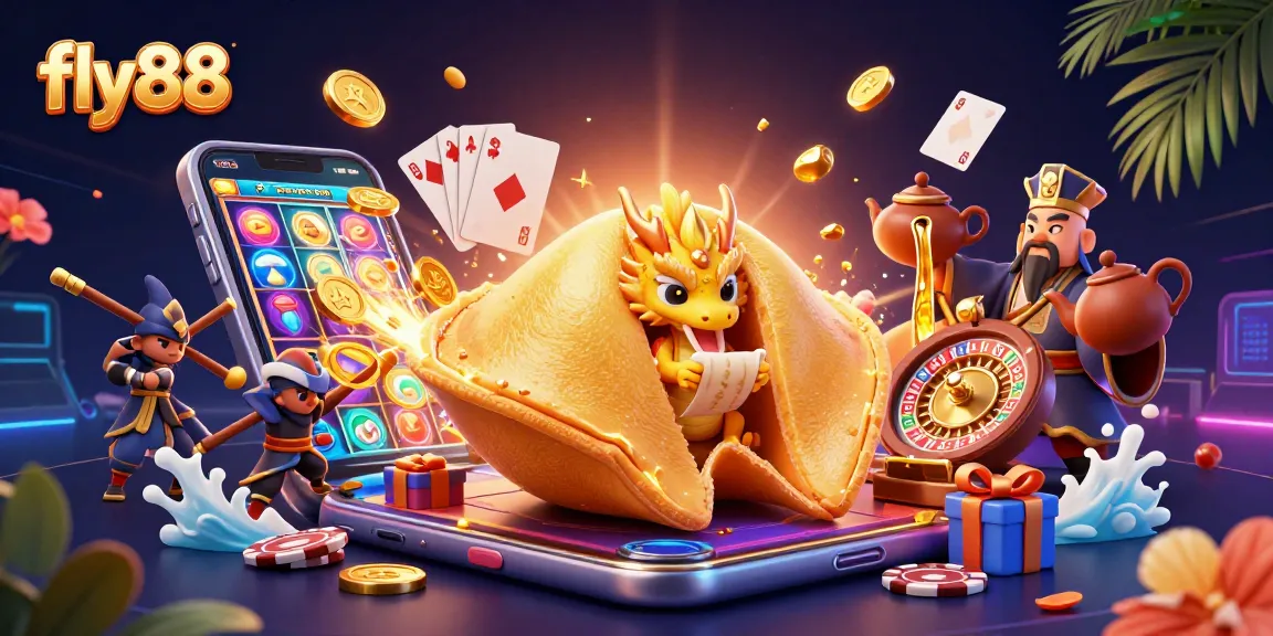 Experience the exciting world of fly88 with a vibrant 3D illustration capturing animated casino fun.