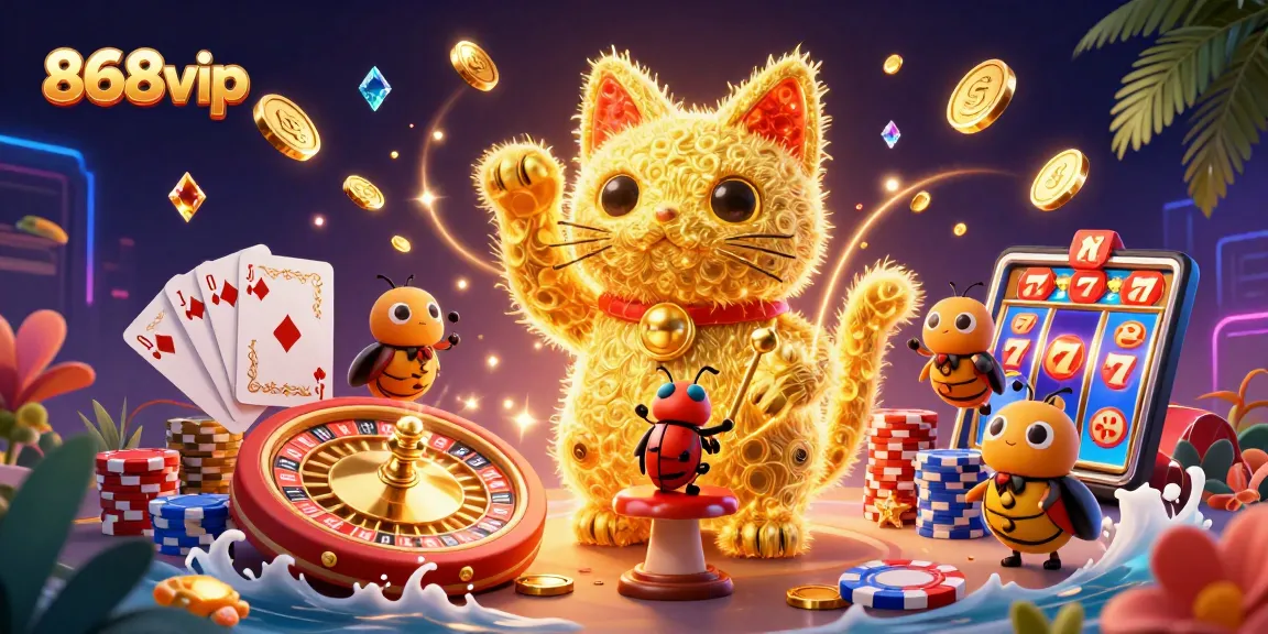 Engage with the vibrant world of 868vip casino through a dynamic lucky cat illustration.
