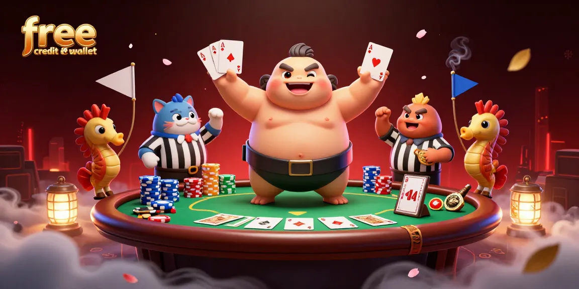 Engage with vibrant free credit ewallet offers while enjoying a dynamic poker scene with whimsical characters.