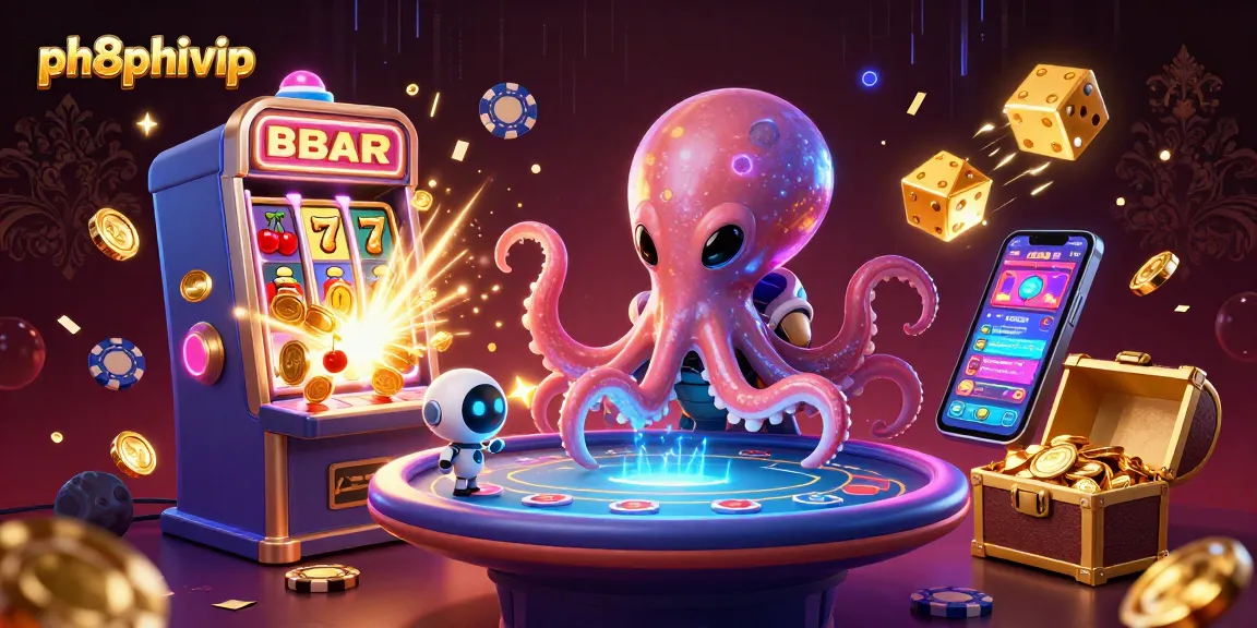 Play thrilling casino games at ph8phivip with an alien octopus and playful robot in a vibrant, immersive scene.