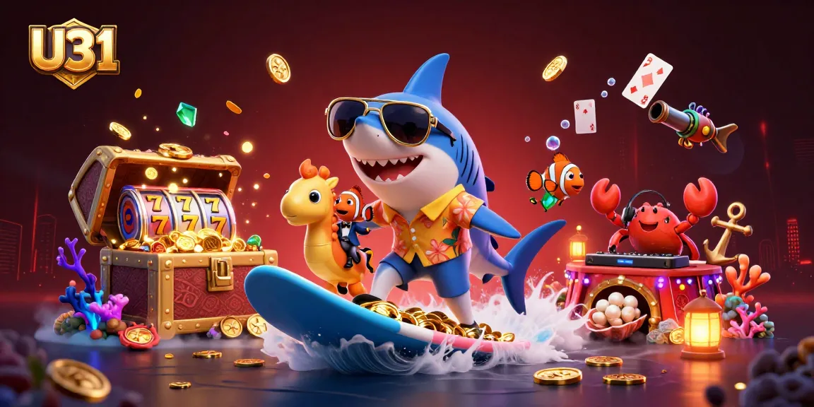 U31 attracts players with an exciting casino scene featuring a surfing shark and vibrant elements.