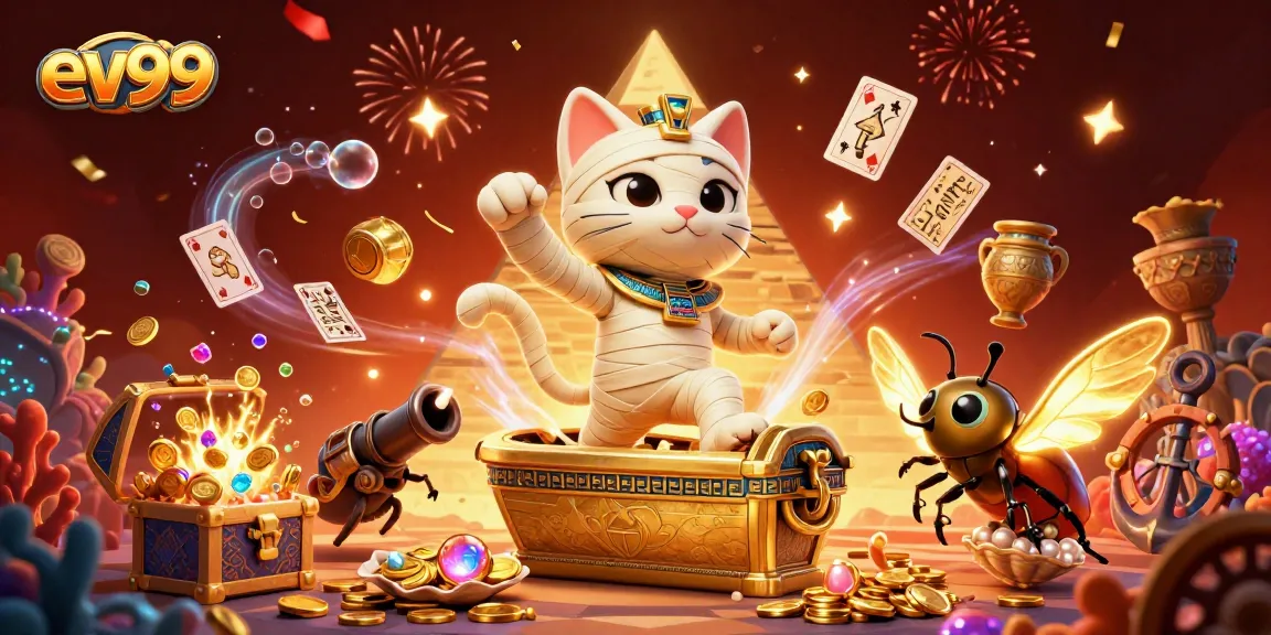 Experience thrilling gaming adventures with ev99's Egyptian-themed casino illustration, featuring dynamic characters and vibrant treasures.