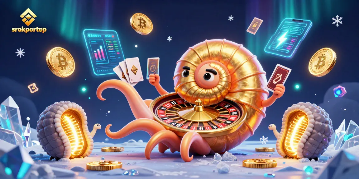 Srokportop showcases a vibrant scene of a nautilus roulette wheel surrounded by glowing cryptocurrency elements.