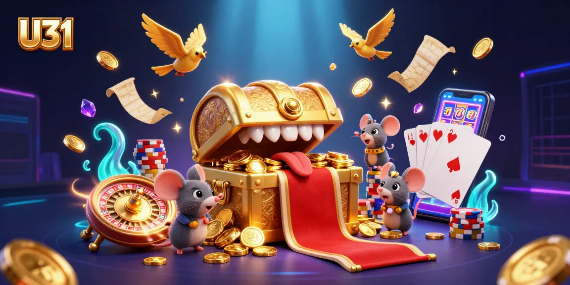 U31 captures an adventurous scene with cartoon mice lured by a treasure chest and cascading coins.