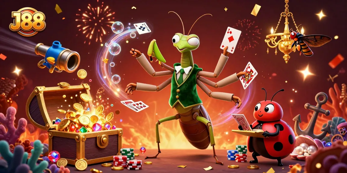 J88 casino scene showcasing a giant mantis card dealer pouring champagne and cards