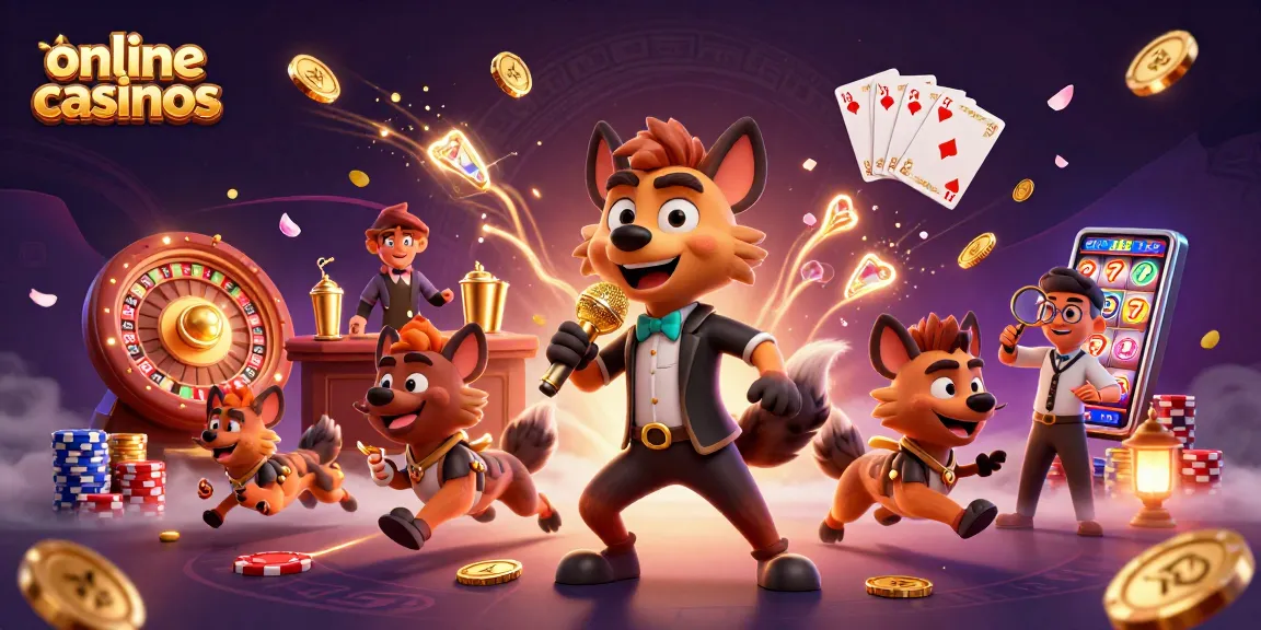 Engaging scene showcasing online casinos with hyenas in a comedy club, featuring vibrant casino elements.