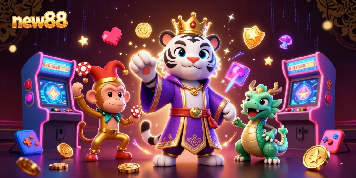 Experience the thrill of new88 with the playful tiger, monkey, and dragon dancing amidst vibrant casino elements.